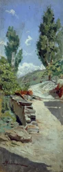 Estrada em colinas por Adolfo Belimbau (1845-1938), óleo sobre painel, 23x9 cm