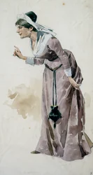 Esboço de figurino de Adolf Hohenstein (1854-1928) para a estreia da ópera Falstaff, de Giuseppe Verdi (1813-1901), apresentada no Teatro La Scala em Milão, 9 de fevereiro