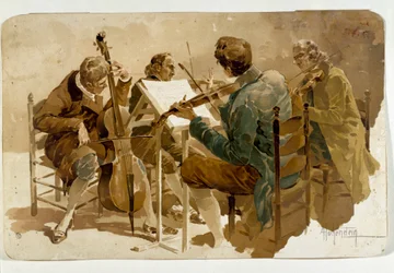 Quatro músicos, três violinistas e um violoncelista. Cartaz de Adolfo Hohenstein (1854-1928) Dim. 293x454 cm Colecção privada