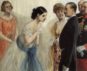 Apresentação de uma senhora a Alfonso (Alphonse) XIII de Espanha (1886-1941). Pintura de Adolfo Lozano Sidro (1872-1935), óleo sobre tela. Coleção privada.