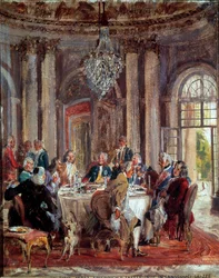 A mesa-redonda de Frederico II da Prússia (1712-1786) com Voltaire (François Marie) Arouet de Voltaire (1694-1778) e Christoph Ludwig von Stille (1696-1752) no Palácio de Sanssouci