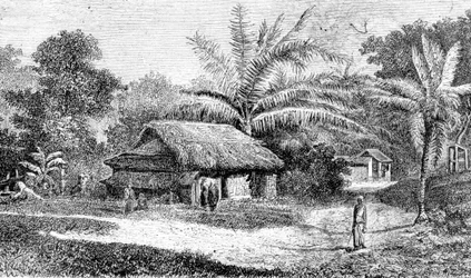 Aldeia no vale de Colombo, Sri Lanka (gravura)