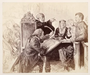 Durante o julgamento, Adam fala com Veit; à frente, o escrivão Licht está sentado a molhar a pena; à direita, ao fundo, o conselheiro judicial, prestes a espirrar, em «O jarro partido», de Heinrich von Kleist