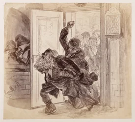 Adam, espancado por Ruprecht, sai a correr da sala do tribunal; Eve e os outros observam ao fundo, segundo a obra de Heinrich von Kleist «O jarro partido»
