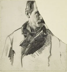 Retrato de busto de um homem com bigode, com a cabeça voltada para a direita