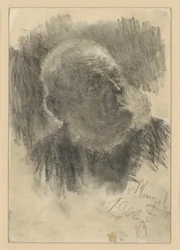 Retrato de busto de um homem idoso com boné de pedreiro, olhando para cima à direita