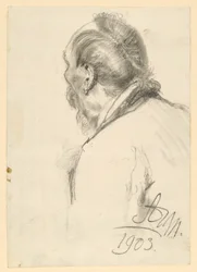 Retrato de busto de um homem barbudo voltado para a esquerda, meio visto de costas