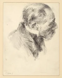 Retrato de busto de um homem idoso barbudo com colarinho alto, inclinado para a frente, voltado para a direita