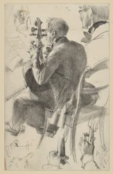 Violoncelo virado para a esquerda, visto meio de costas. Estudos de cabeça e mãos. Estudo preparatório para a pintura «Concerto de flauta de Frederico, o Grande, em Sanssouci»