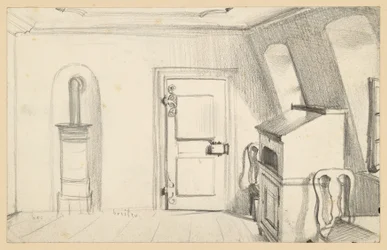 Quarto no sótão com fogão, porta, escrivaninha e cadeiras na Casa de Goethe em Frankfurt am Main