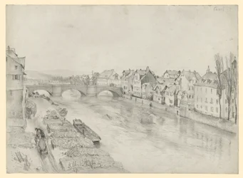 O rio Fulda, em Kassel. Paisagem fluvial com ponte e casas