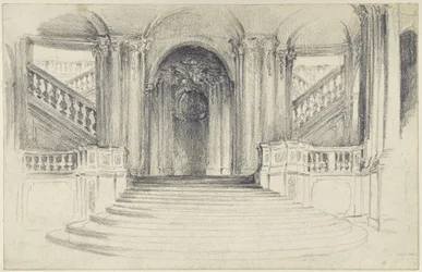 A escadaria virada para o pátio do Pavilhão da Muralha, no Zwinger, em Dresden