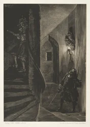 Ensaio sobre pedra com pincel e raspador: Chase on the Winding Staircase, 1851.