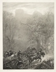 Ensaio sobre pedra com pincel e raspador: O comboio de prisioneiros por um bosque, 1851.