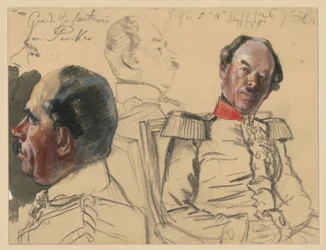 General da Infantaria Eduard von Peucker, 1.º esboço da cabeça, de perfil para a esquerda; 2.º retrato de busto ligeiramente virado para a direita, com o olhar voltado para a esquerda; entre ambos, esboço da cabeça, de perfil para a direita; esboços de Por