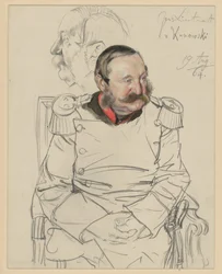 Tenente-general von Kumowski, retrato até aos joelhos, sentado de frente, com a cabeça inclinada para a esquerda, à esquerda: estudo da cabeça de perfil para a esquerda, estudo de retrato para «A coroação de Guilherme I em Königsberg»