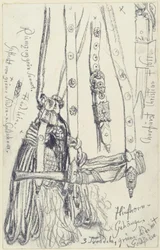 Trompa de caça, correia para trompa e cordão para trompa do conjunto de armas de caça com esmeraldas de João Jorge I da Saxónia, Museu Histórico, Dresden