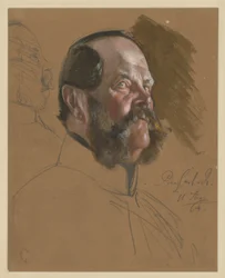 O príncipe Carlos da Prússia, busto, perfil a três quartos para a direita visto de baixo, à esquerda: rosto de perfil para a direita (riscado), estudo de retrato para "A Coroação de Guilherme I em Königsberg"