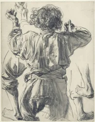 Lorenzo Cocozza de costas, com os braços estendidos para a frente, e pormenores. Estudo de figura para «Piazza d