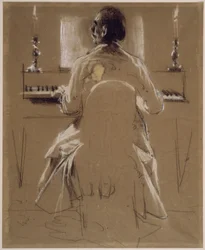 Estudo de modelo (Richard, irmão de Menzel) para Philipp Emanuel Bach ao piano ou pianoforte. Estudo preparatório para a pintura «Concerto de flauta de Frederico, o Grande, em Sanssouci»