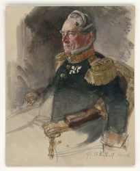 O conselheiro superior do Governo Knerk, busto voltado para a esquerda, perfil a três quartos, com identificação do retratado, estudo de retrato para a pintura "A Coroação de Guilherme I em Königsberg"
