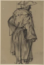 Oficial com casaco e chapéu, com bengala na mão direita, visto de três quartos de costas para a direita. (Estudo de pose de Moritz von Anhalt-Dessau)