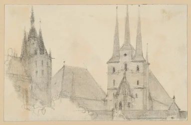 Torres e telhados da catedral e de São Severino em Erfurt