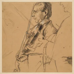 Violinista. Meia-figura. Perfil para a esquerda. Esboço de perfil à direita. Estudo preparatório para a pintura «Concerto de flauta de Frederico, o Grande, em Sanssouci»