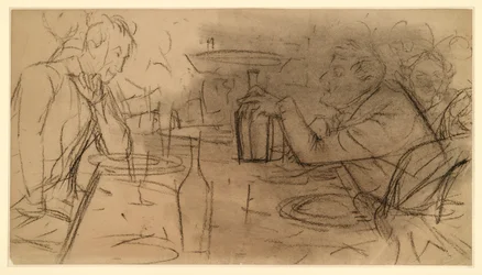 Dois senhores sentados frente a frente à mesa de uma taberna, a conversar