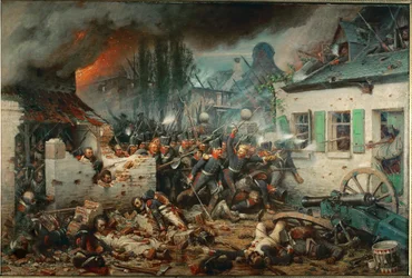 As tropas prussianas invadem a aldeia de Plancenoit durante a Batalha de Waterloo (óleo sobre tela)