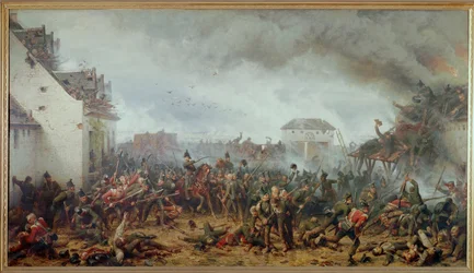 A defesa da quinta La Haye Sainte, Batalha de Waterloo, derrota final de Napoleão (óleo sobre tela)