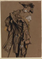 Modelo do artista, visto de trás, vestindo um uniforme do século XVIII
