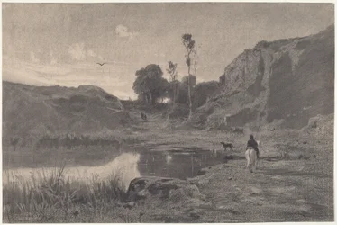 Um cavaleiro junto a um lago de montanha ao pôr do sol