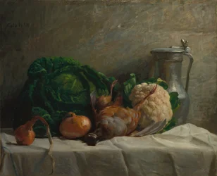Ainda vida com vegetais, perdiz e um jarro, 1858.