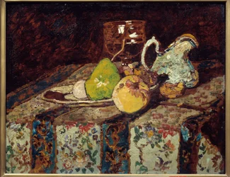 Natureza morta com um jarro branco. Pintura de Adolphe Monticelli (1824-1886)
