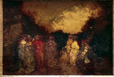 Passeio num parque ao anoitecer Pintura de Adolphe Monticelli (1824-1886) Sol do século XIX. 0,46 X 0,64 m Paris, Musee du Louvre