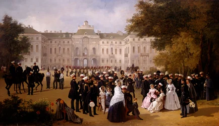 Um dia de caminhada perto do castelo de Strelno em 1840 Pintura de Adolphe Ladurner (1798-1856)