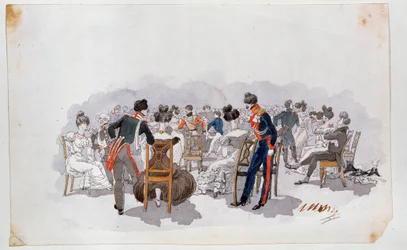 Em uma bola (Em A Ball). Ao redor da pista de dança ao fundo, mulheres vestidas com fantasias sentam-se em cadeiras e conversam com os policiais. Pintura de Adolphe Ladurner (1798-1856), aquarela sobre papel, por volta de 1830. Arte francesa