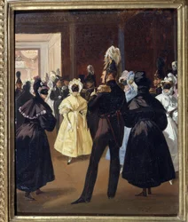 Imperador Alexandre I da Rússia (1777-1825) em um baile de máscaras (Imperador Alexandre I no Baile de Máscaras). Recepção festiva da aristocracia russa do século XIX. Pintura de Adolphe Ladurner (1798-1856), óleo sobre tela, por volta de 1830. Arte france