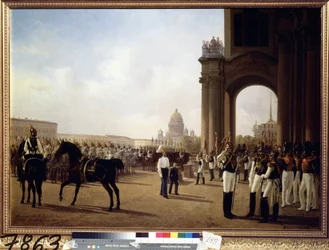 Desfile militar na Praça do Palácio em São Petersburgo. Pintura de Adolphe Ladurner (1798-1856), óleo sobre tela