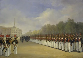 Desfile do Regimento da Guarda Pavlovsky no Campo de Marte em São Petersburgo, década de 1830