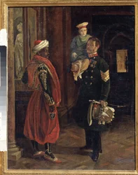 Uma Cena Na Corte. Pintura de Adolphe Ladurner (1798-1856), óleo sobre tela, cerca de 1840. Arte francesa do século XIX. Museu Estatal de Guerra e História Borodino, Moscou.