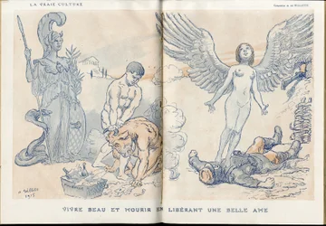 Ilustração de Adolphe dit Willette (1857-1926) em "Fantasio", 01/05/15 - Viver bonito e morrer libertando uma bela alma - Guerra dos 14-18, Cadáveres mortos, Barbary/Kultur, Jam of Skull - Soldados