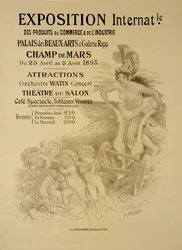 Reprodução de um cartaz publicitário de uma Exposição Internacional de Produtos Comerciais e Industriais, Palais des Beaux-Arts e Galerie Rapp, Campo de Marte, Paris, 1893