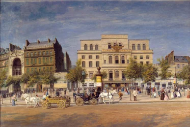 Vista geral dos teatros do boulevard du temple antes do piercing do Boulevard Príncipe Eugene, detalhe dos Caleches parisienses em frente ao Teatro Imperial. Pintura de Adolphe Potemont (1828-1883)