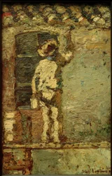 A. Monticelli, pintor na parede de uma casa