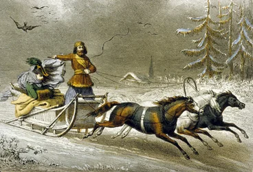 Um trenó na neve, Rússia (gravura colorida)