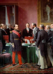 O Imperador Napoleão III (1808-1873) entrega ao Barão Georges Haussmann (1809-1891) o decreto de anexação dos municípios vizinhos em junho de 1859