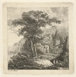 Paisagem montanhosa com árvores, castelo e duas figuras