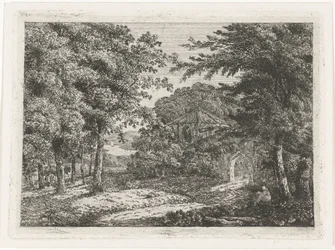 Paisagem com capela entre árvores e leitura de monge